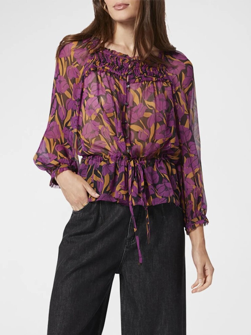 JOIE Asseline Purple Floral Print Crinkle Silk Peplum Tie Blouse Top, Size XS
